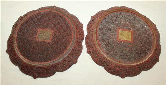 Two Chinese cinnabar simulated lacquer dishes, early 20th century, 23cm, some wear